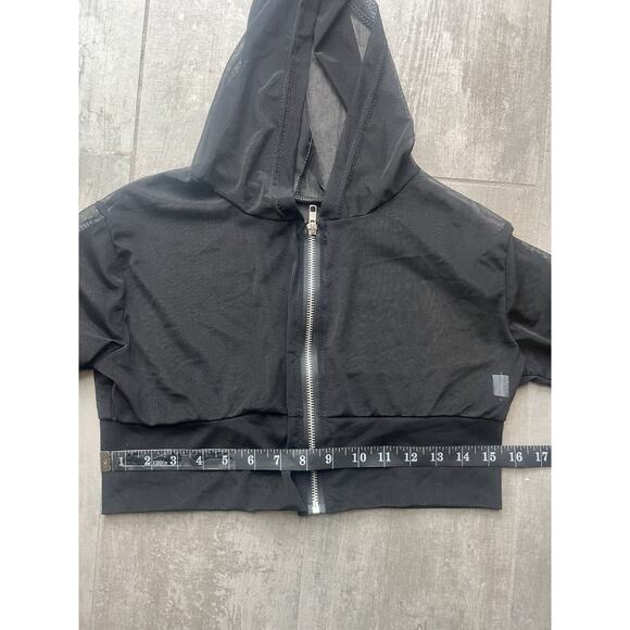 Los Angeles Boutique Black Mesh Cropped Track Jacket Beach Cover Up Hooded Top L - Picture 8 of 9